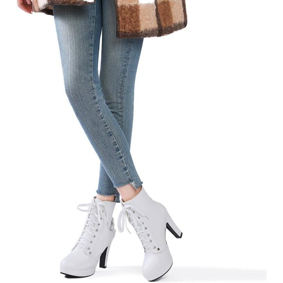 Women's White Susanny High Heel Platform for Sexy Lace Up Mid Calf Boots - Picture 4 of 9